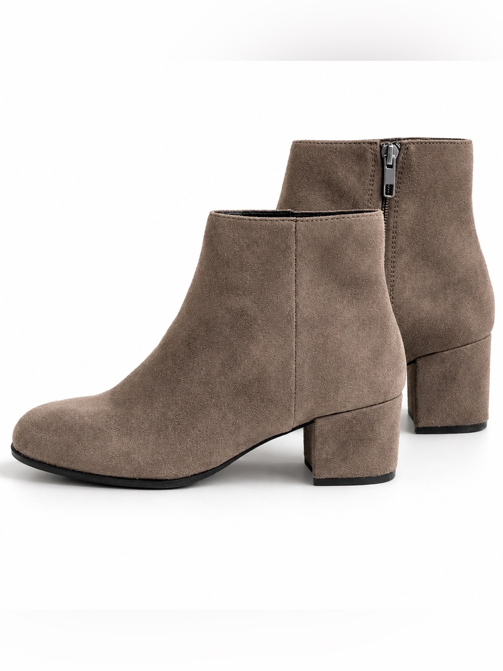 Marc Fisher Suede Ankle Boots 6.5 Taupe Gray Block Heel Side Zip Minimalist
